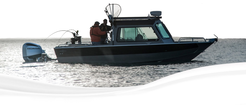 Boating on the ocean Two men in a boat with a Honda outboard on the ocean